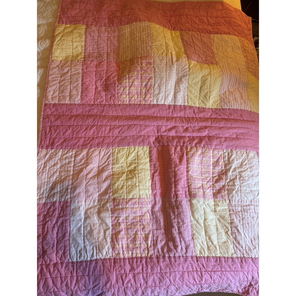 Pottery Barn Kids Pink Yellow Patchwork Quilt Gingham Stripe Cottagecore Bedding